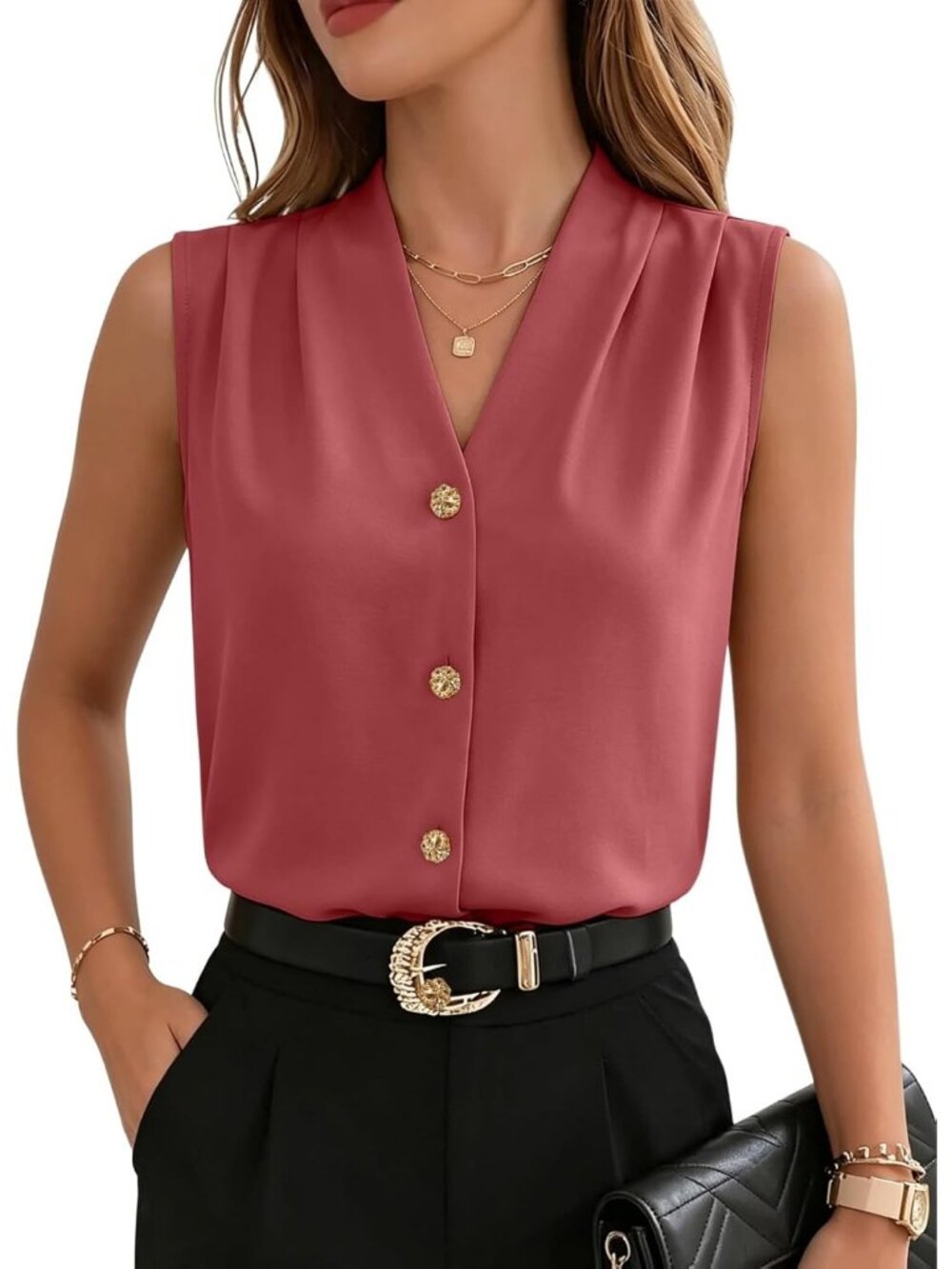 Women Mineral Red Sleeveless Button Down V Neck Imported Casual Blouses Tank Top